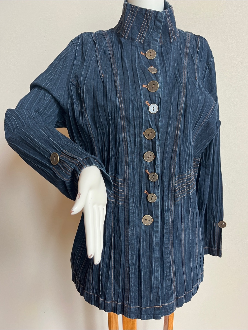 Flair High-Neck Textured Dark Blue Jean Jacket with Button Front